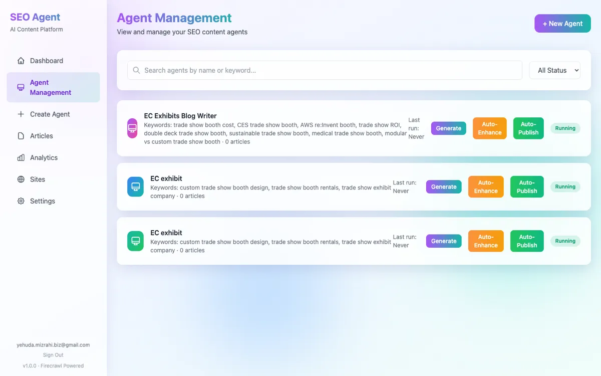 Agent management panel showing active SEO agents and their status