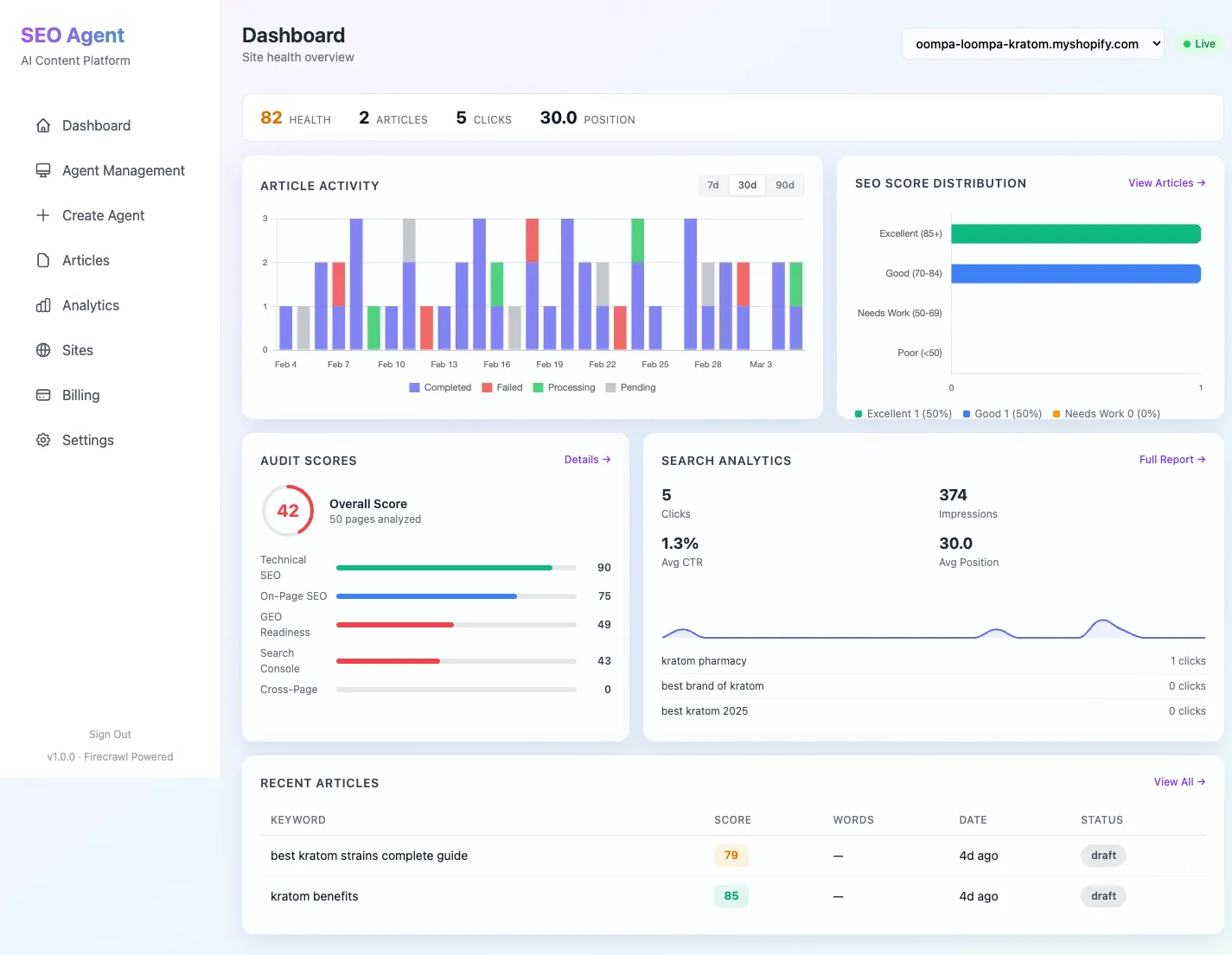 Dashboard audit scores widget showing category breakdown with score bars