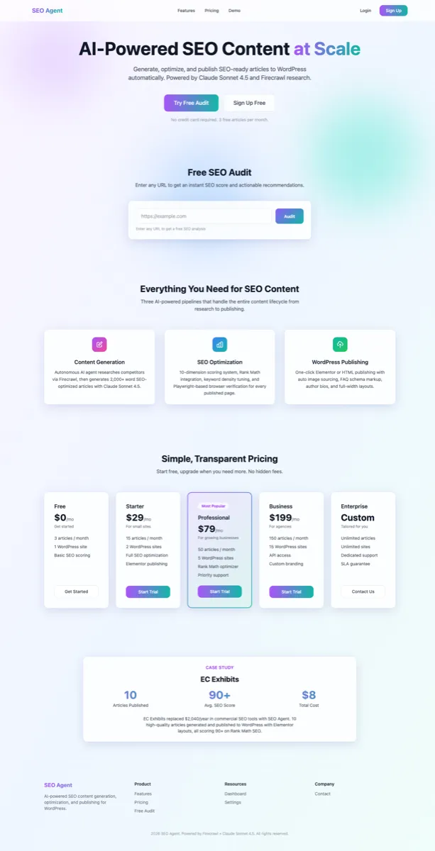 AI SEO Agents landing page showcasing the platform capabilities and autonomous SEO optimization