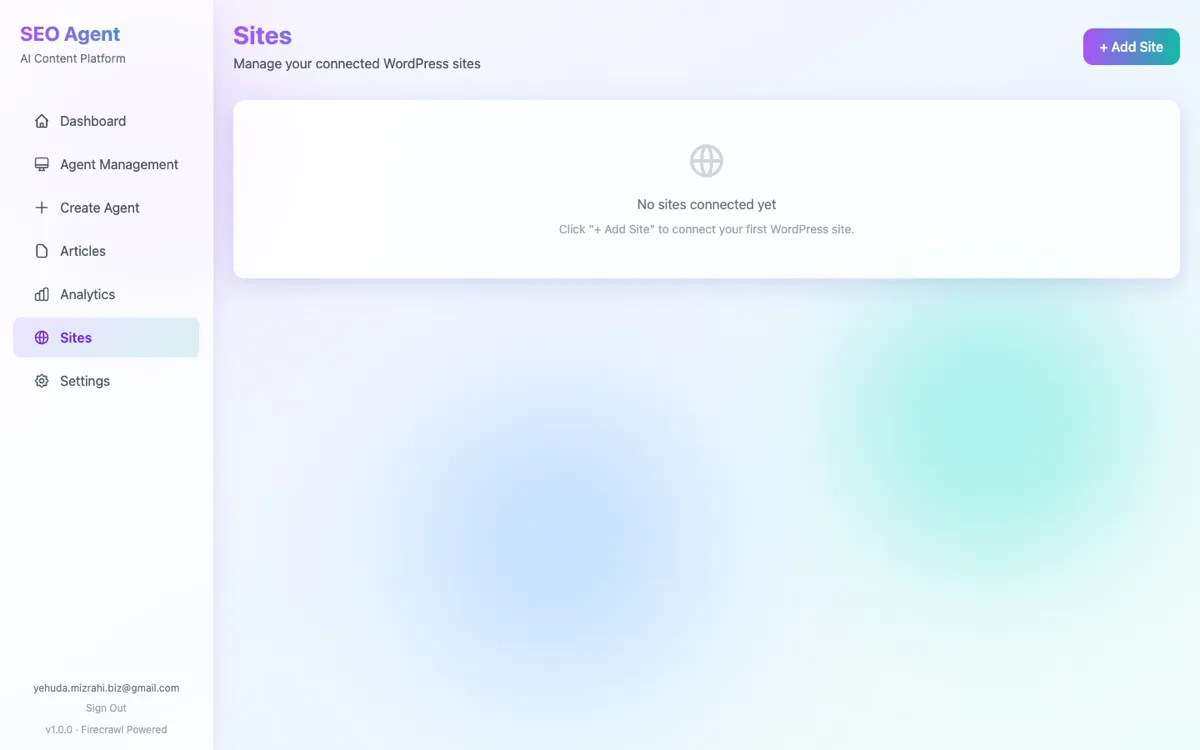 Multi-site SEO management dashboard showing client sites, health scores, and agent activity across multiple accounts