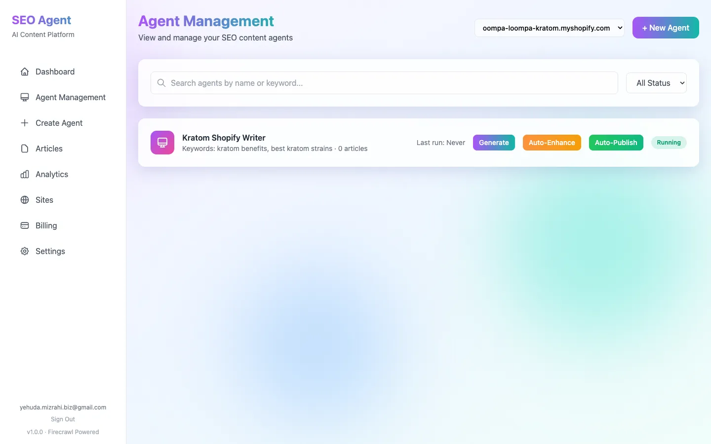 AI SEO agent configured for Shopify store with Generate, Auto-Enhance, and Auto-Publish actions