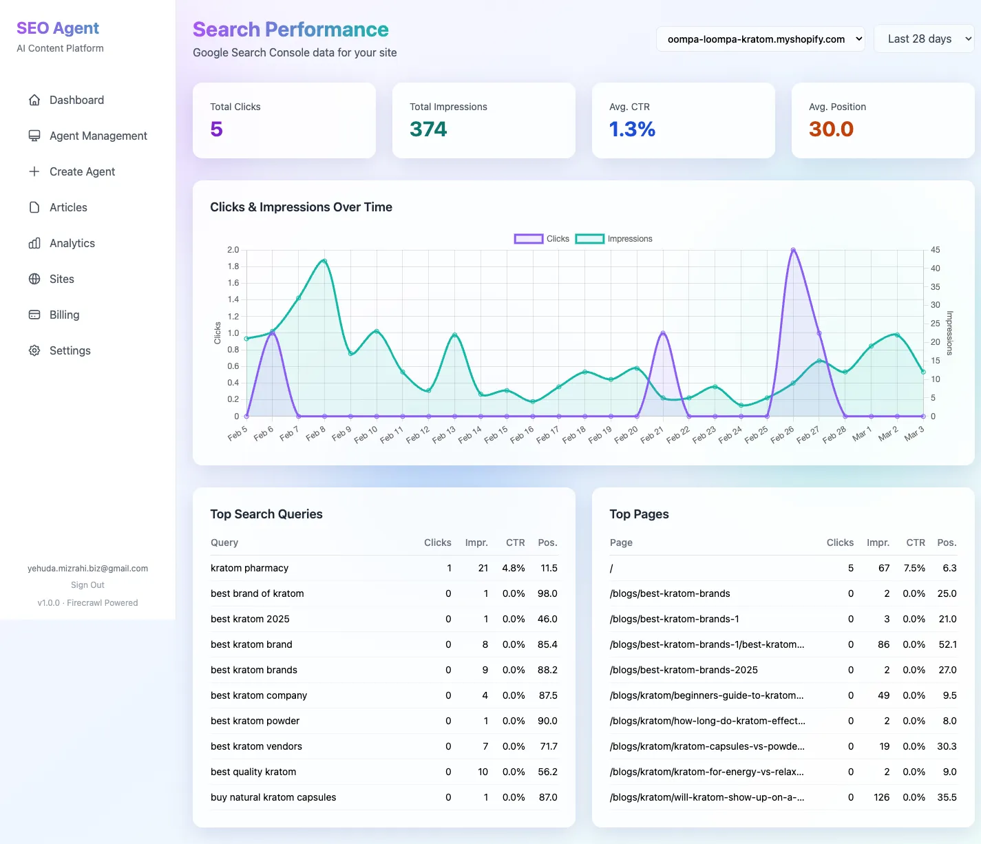 Google Search Console analytics for a Shopify store showing clicks, impressions, CTR, and top queries