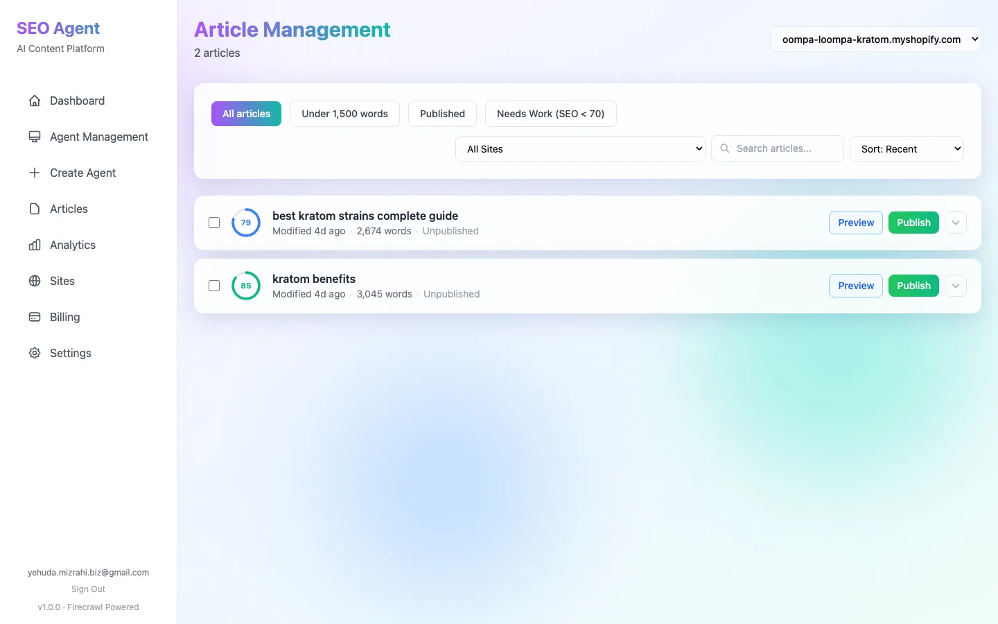 Published Shopify articles with SEO scores and word counts in the AI SEO Agents dashboard