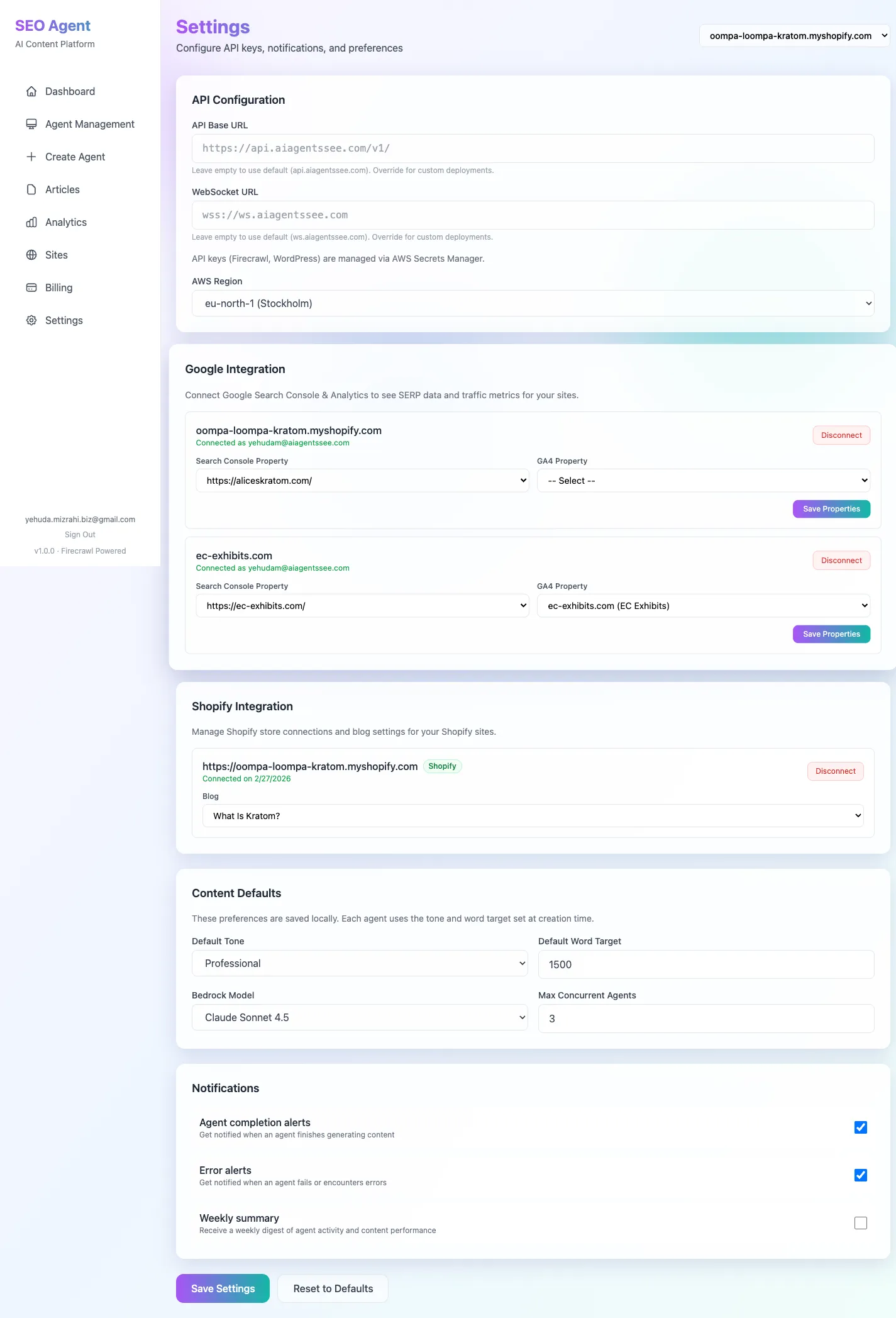 AI SEO Agents settings page showing Google Integration and Shopify Integration sections