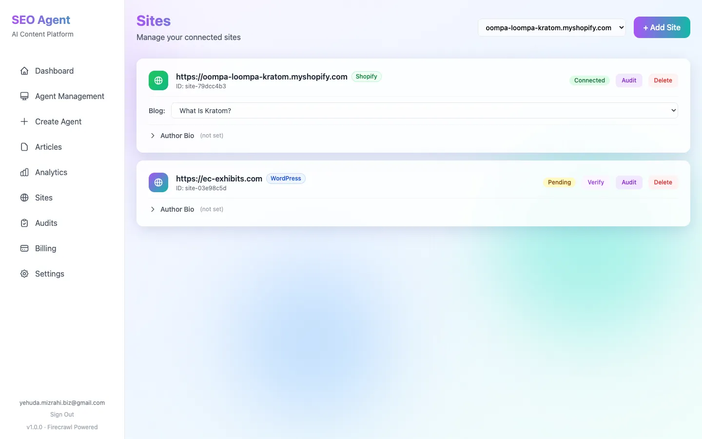 Sites panel showing connected Shopify and WordPress sites with platform badges