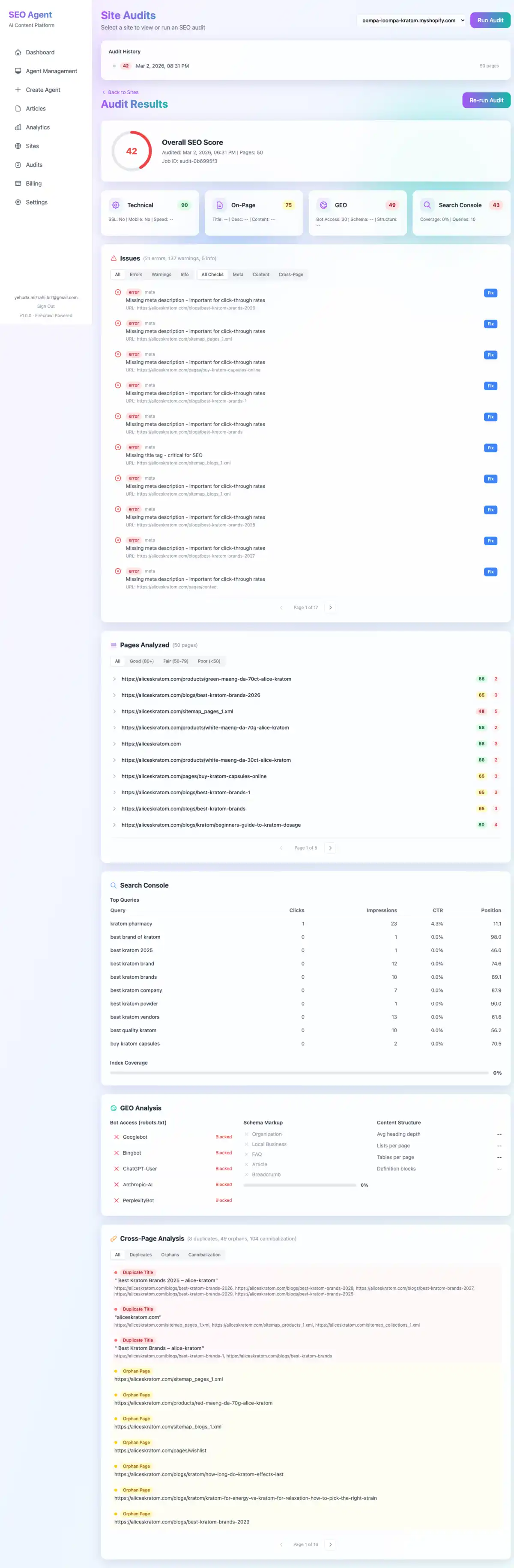 Site audit results showing overall score gauge, 4 category cards with individual scores, issues with Fix buttons, and pages analyzed