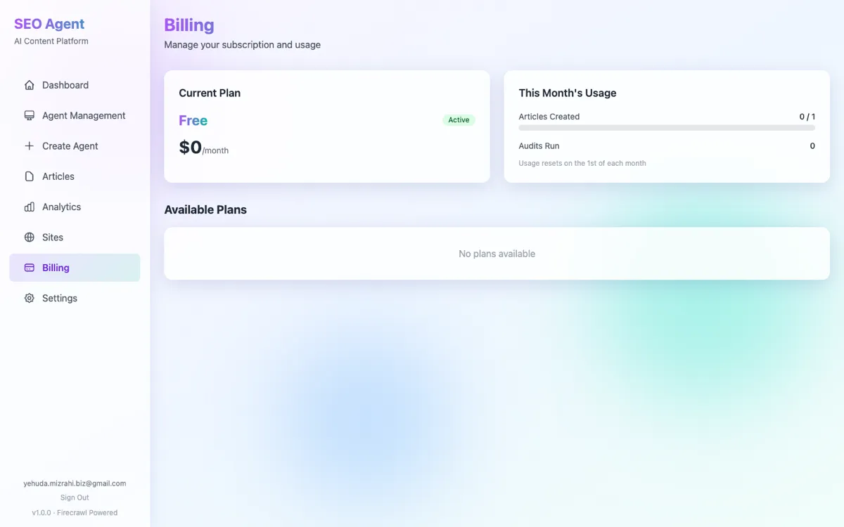 Billing dashboard showing subscription plan and usage details