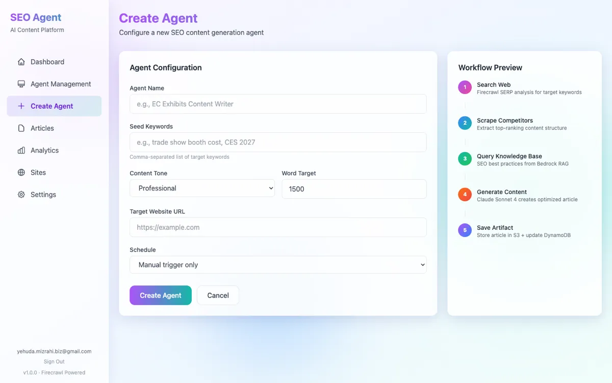 Create new SEO agent form with keyword and configuration options